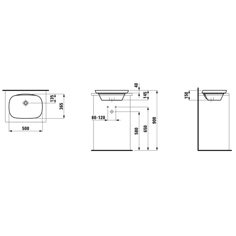 Laufen INO умивальник 50см, напiввбудований, без отв. пiд змiшувач, без отв. переливу, (H8173020001121)