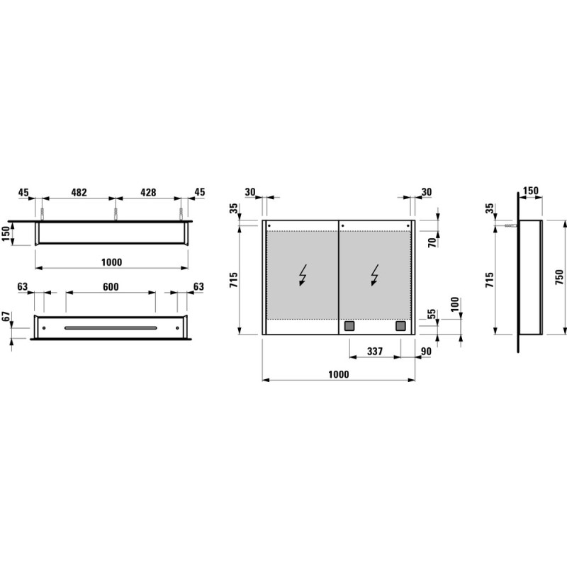 Laufen FRAME 25 дзеркальна шафка 75*100*15см, з 2ма дверцятами, з пiдсвiткою, з сенсорним вимикачем, з EU розеткою, (H4086039001441)