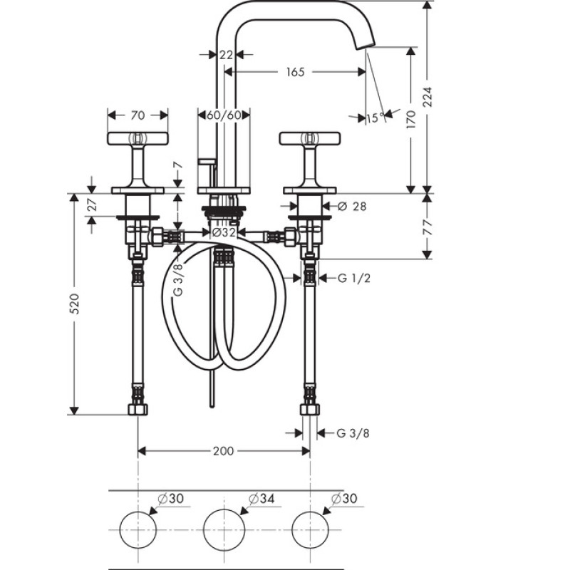 Axor Citterio E Смеситель для раковины 170, на 3 отверстия, с розетками и донным клапаном Pop-up, хром, (36108000)