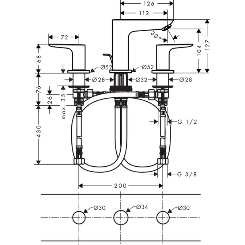 Hansgrohe Talis E Змішувач для раковини на 3 отвори, зі зливним гарнітуром, хром, (71733000)