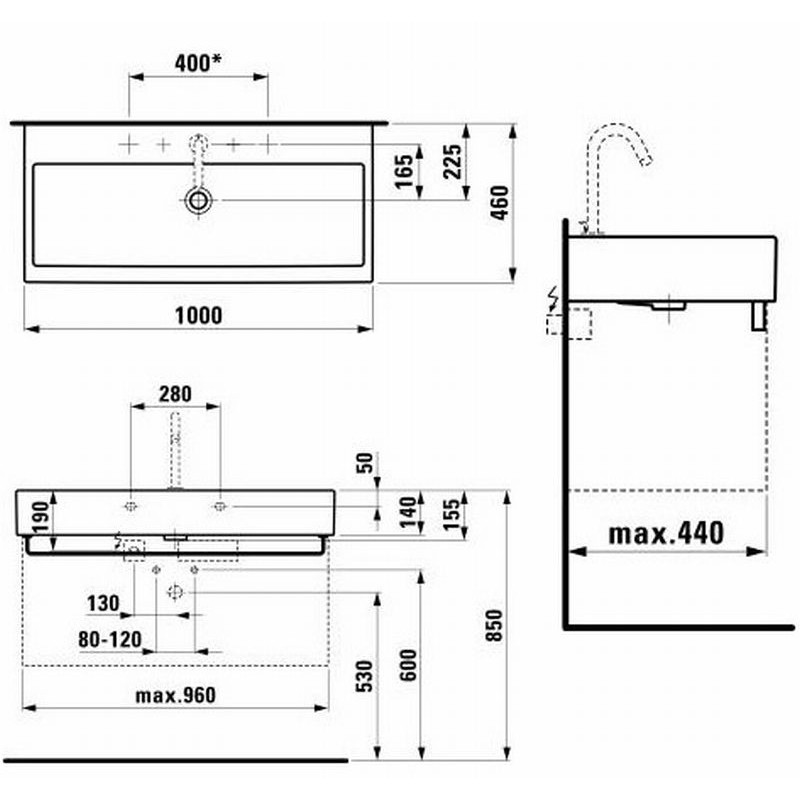 Laufen LIVING CITY умивальник 155*460*1000мм, з 2ма отворами пiд змiшувач, вiдстань 400мм, (H8184370001071)