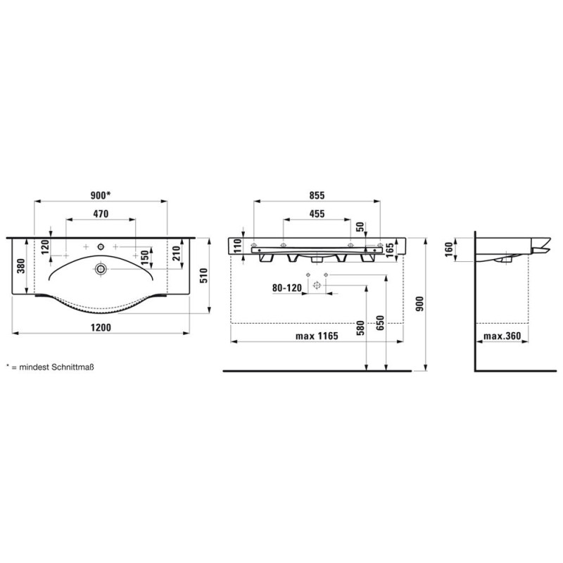 Laufen PALACE умивальник 1200*510мм, с 3мя отв. під змішувач, з тримачем рушника, монт. зверху, (H8127040001081)