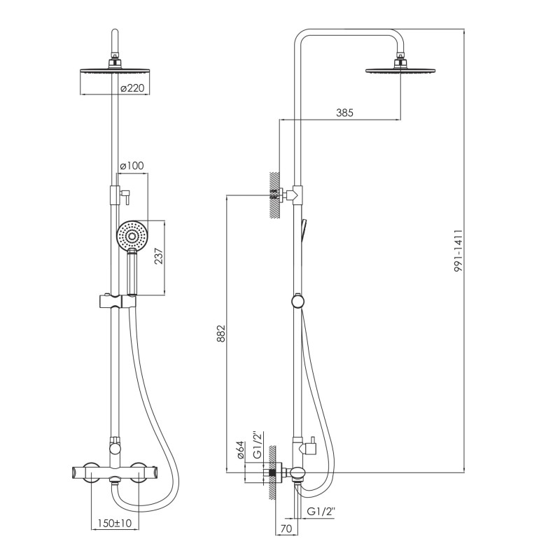 IMPRESE CENTRUM SR система душова (термостат для душа, верхній душ 220 мм ABS коло, ручний душ 100 мм 1 режим, шланг 150 см), хром, (T-15420)