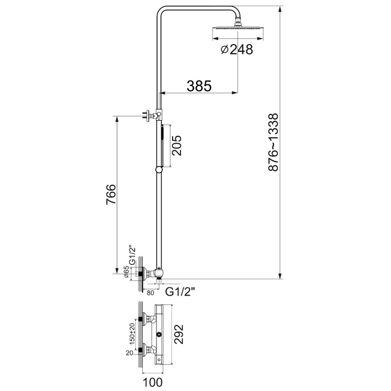 IMPRESE CENTRUM SR система душова (термостат для душа, верхній душ 248 мм SS коло, ручний душ стік 1 режим, шланг 150 см), хром, (T-15410)