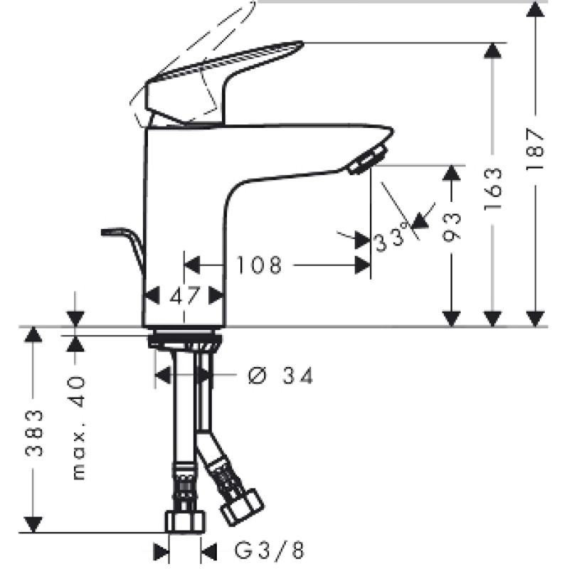 Hansgrohe Logis Змішувач для раковини 100, одноважiльний, з донним клапаном, версія CoolStart, хром, (71102000)