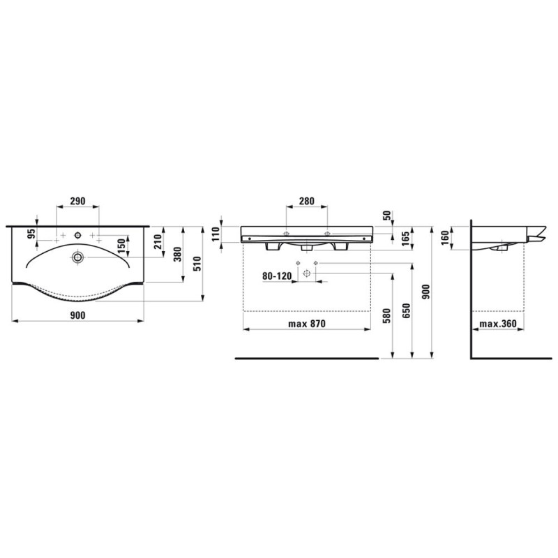 Laufen PALACE раковина 900*510мм, 3 отвори під змішувач, монтується зверху, з тримачем для рушника, колір білий, (H8127020001081)