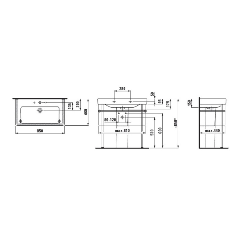 Laufen PRO S раковина 850*460мм, монтується зверху, 1 отв.для змішувача, відшлифована нижня поверхня, колір білий, (H8169650001041)