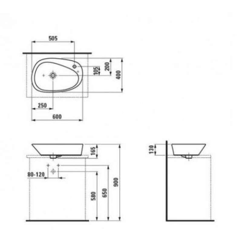 Laufen PALOMBA раковина-чаша 600*400мм з монтажним комплектом, без отв.для змішувача, без переливу, колір білий, (H8168030001121)