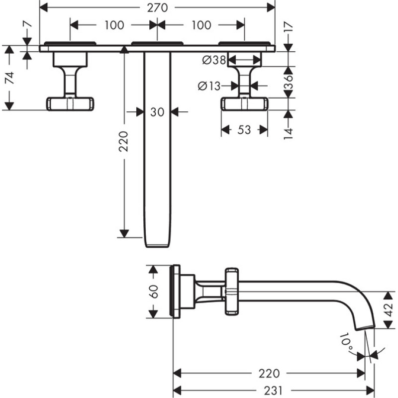 Axor Citterio E Смеситель для раковины, на 3 отверстия с панелью и изливом 220 мм, настенн. монтаж, полир. черный хром, (36115330)