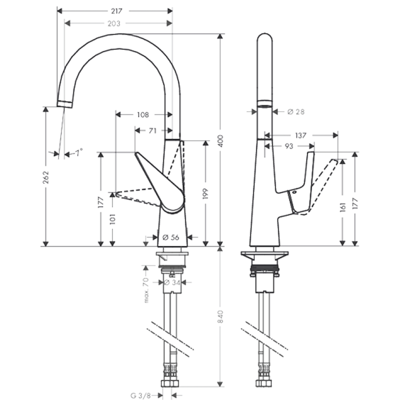 Hansgrohe Talis S Смеситель для кухни 260, однорычажный, с поворотным изливом, под сталь, (72810800)