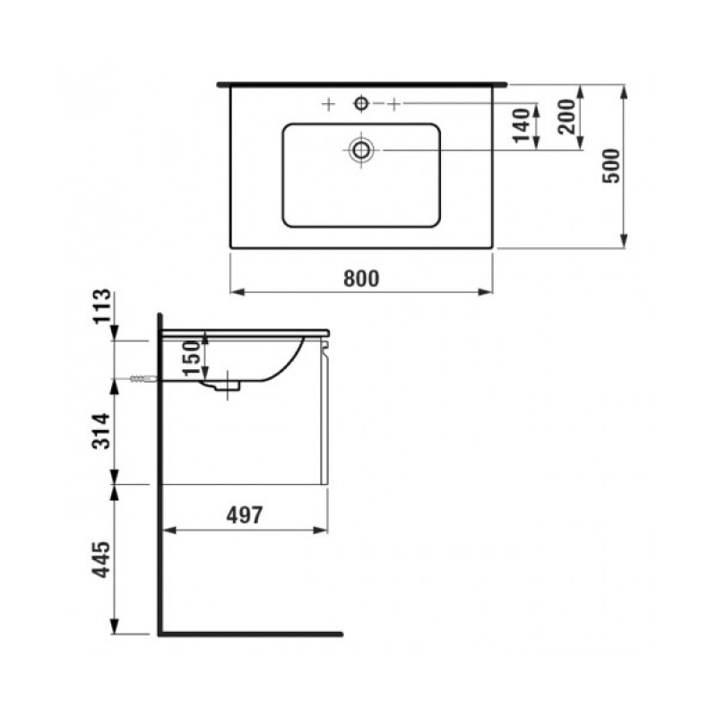Laufen PRO S шафка 800*500мм з раковиною, 1 отв.для змішувач посередині, сифон, вис.шухляда, колір білий глянець, (H8609644751041)