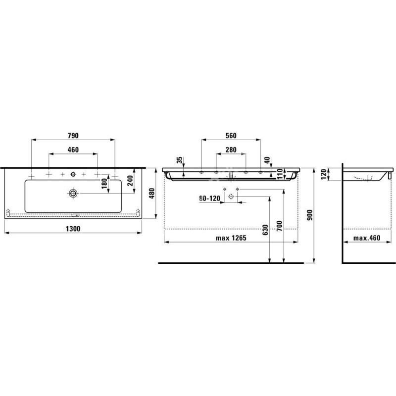 Laufen LIVING SQUARE раковина 1300*480мм, 2 отвори під змішувач, злив-перелив, (H8164360001071)