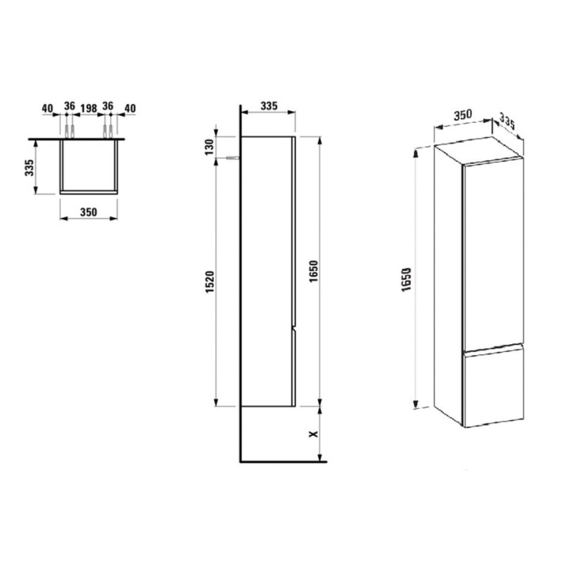 Laufen PRO S шафка 350*335*1650 висока, підвісна, дверні петлі ліворуч, 4 скляні полички, колір білий глянець, (H4831210954751)