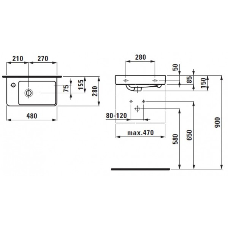 Laufen PRO S мiнi-раковина 480*280мм, асиметрична, лiва, з 1м отвором пiд змiшувач, (H8159554001041)