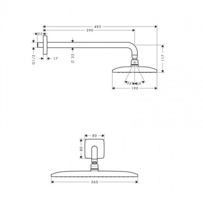 Hansgrohe Raindance E360 Air Jet Верхній душ 360х190 мм з тримачем 390 мм, функція EcoSmart, (26605000)
