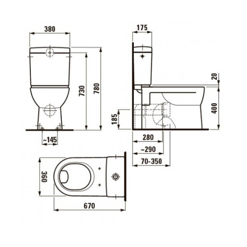Laufen PRO чаша унiтазу 360*670мм, монт. на пiдлозi, змив горизонтальний., випуск гориз./верт., без бачка, (H8249590000001)