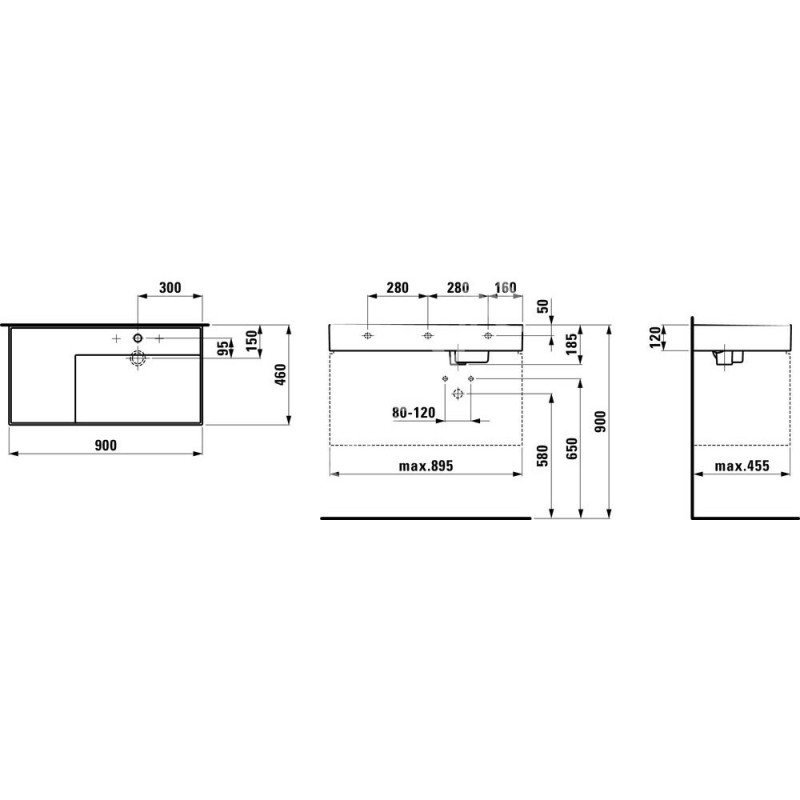 Laufen KARTELL раковина 900*460мм, поличка злiва, SaphirKeramik, без отв. пiд змiшувач, без отв. переливу, прихов. отв. зливу, (H8103390001121)