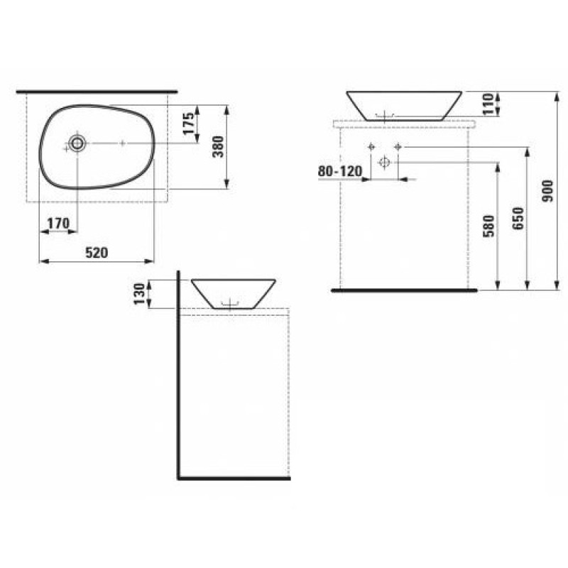 Laufen PALOMBA раковина-чаша 520*380мм, без отвору пiд змiшувач, без отвору переливу, бiлий, з покриттям LCC, (H8168024001121)