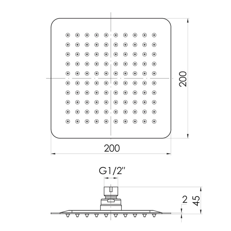 IMPRESE Душ верхнiй200х200 мм ,2 мм, сталь, (SQ200SS2)