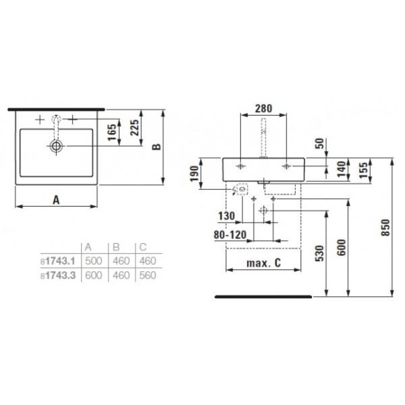 Laufen LIVING CITY раковина 600*460мм, з 1-м отв. пiд змiшувач, з отв. переливу, вiдшлiф. нижня поверхня, монт.зверху, (H8174340001041)
