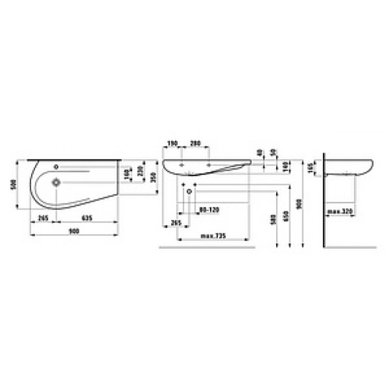 Laufen ALESSI ONE раковина 165*500*900мм, з iнтегр. стiлешницею, монт. зверху, з отв. пiд змiшувач, бiлий LCC, (H8149754001041)