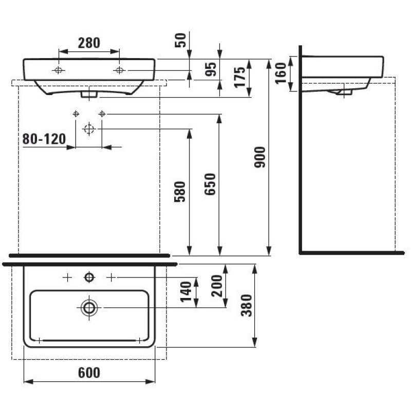 Laufen PRO S раковина 600*380мм, без отв. пiд змiшувач, вiдшлiф. нижня поверхня, монт. зверху, з покриттям LCC, (H8179594001091)