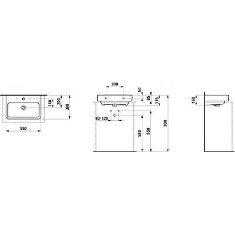Laufen PRO раковина 550*380мм, з 1-м отв. пiд змiшувач, монт. зверху, вiдшлiф. нижня поверхня, (H8179580001041)