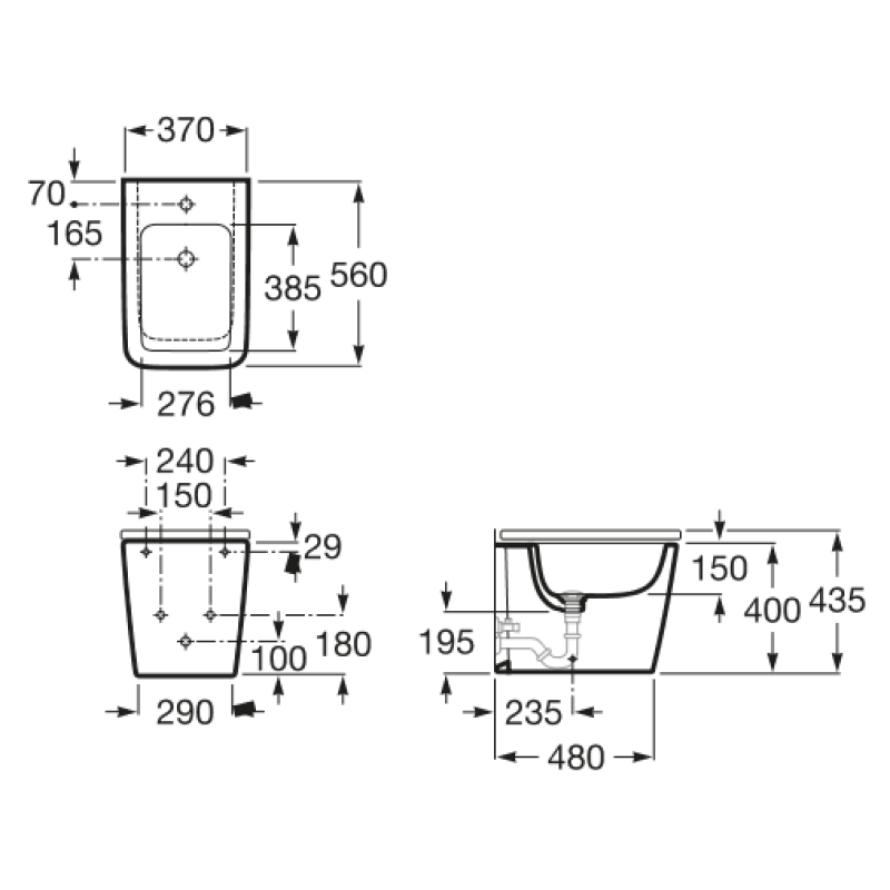 ROCA INSPIRA Square бiде 370*560*400мм, квадратне, з 1-м отв. пiд змiшувач, напольне, (A357537000)