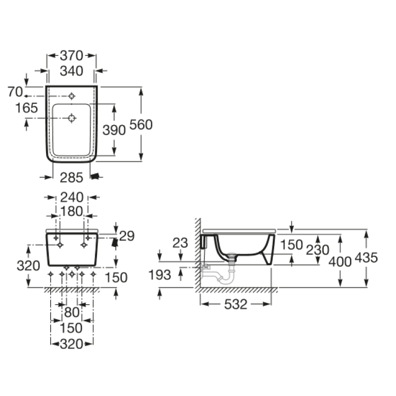 ROCA INSPIRA Square бiде 370*560*230мм пiдвiсне, с 1-м отв пiд змiшувач, квадратне, (A357535000)