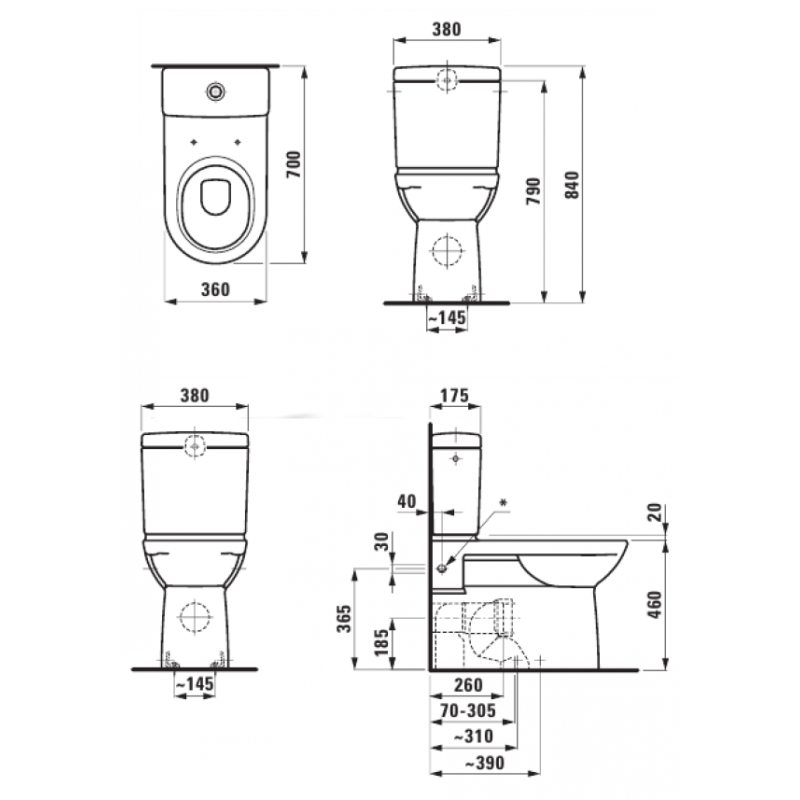 Laufen PRO чаша унiтазу 360*700мм, з бок.отв. для бачка з нижнiм пiдвед. води, змив верт.,випуск Vario, без бачка, (H8249550002311)