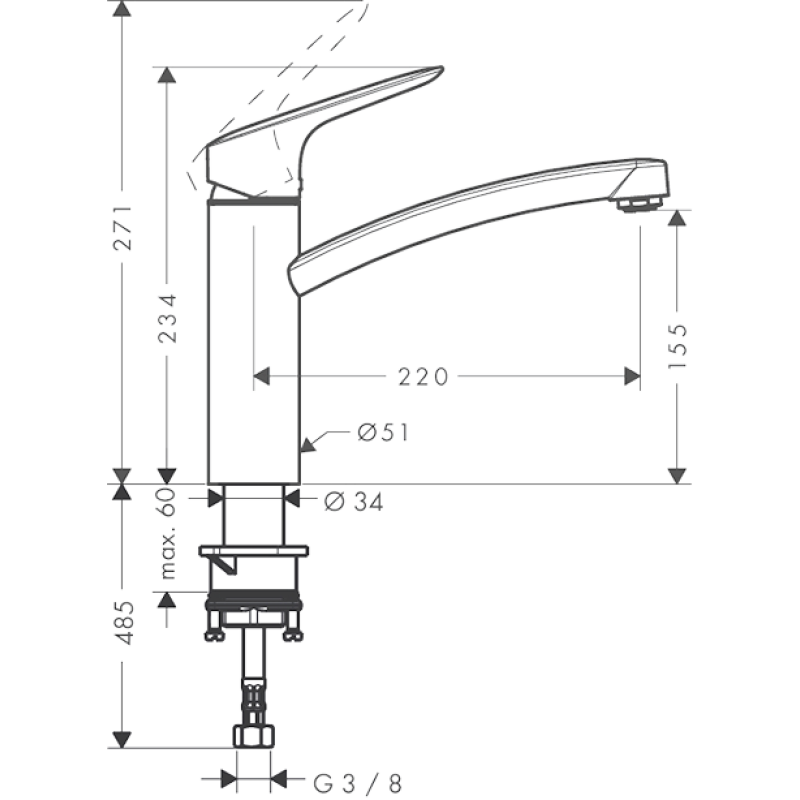 Hansgrohe Logis Смеситель для кухни 160, однорычажный, CoolStart Eco, хром, (71839000)