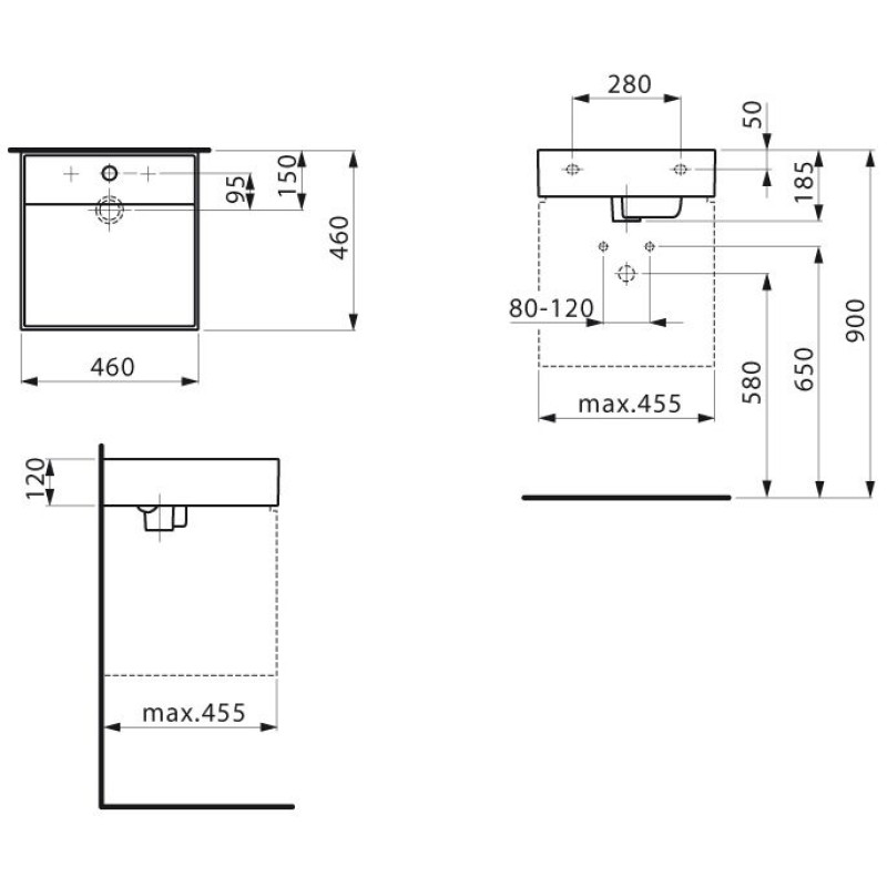 Laufen KARTELL мiнi-раковина 460*460мм, з 1-м отв. пiд змiшувач посерединi, без отв.переливу, SaphirKeramik, (H8153310001111)