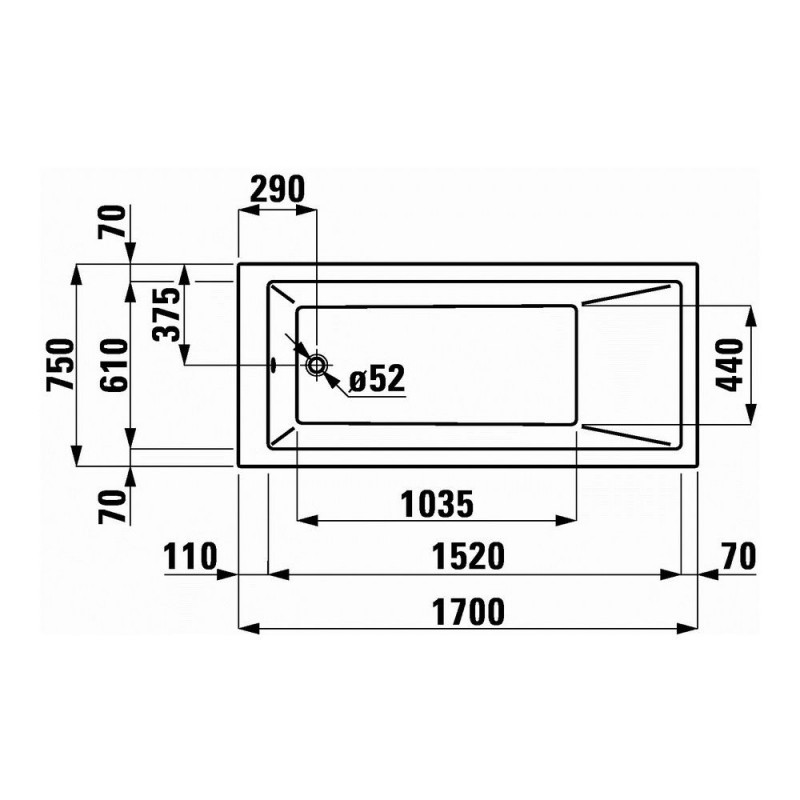 Laufen PRO ванна 1700*750*600мм, без панелi, з алюмiн.рамою, без злив переливу, (H2319510000001)