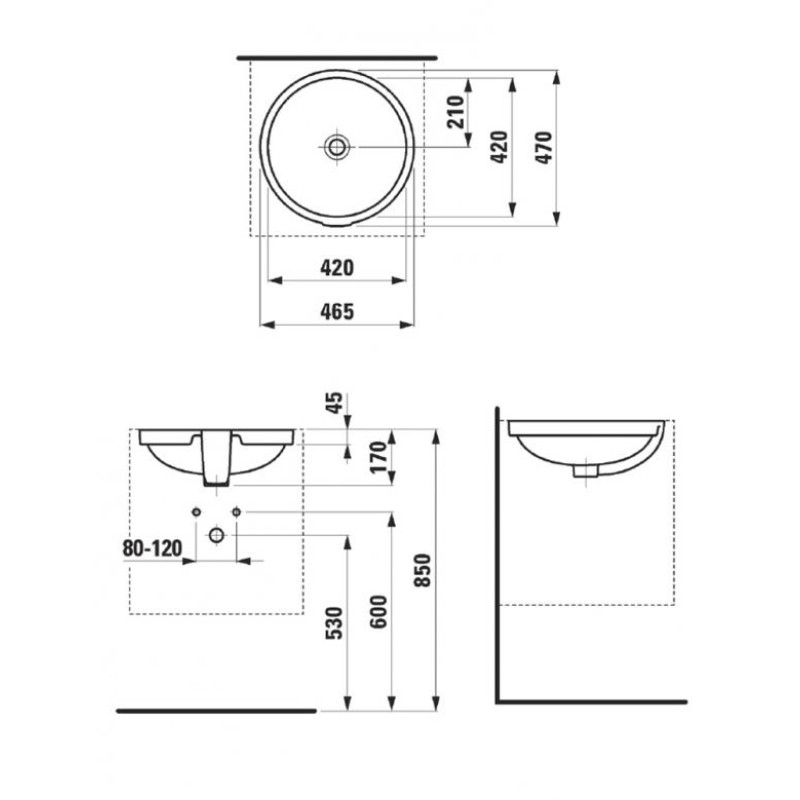 Laufen PRO B раковина 42*42см, вбуд. знизу, без отв. пiд змiшувач, з отв. переливу, нижня поверхнiсть невiдшлiф., (H8189610001091)