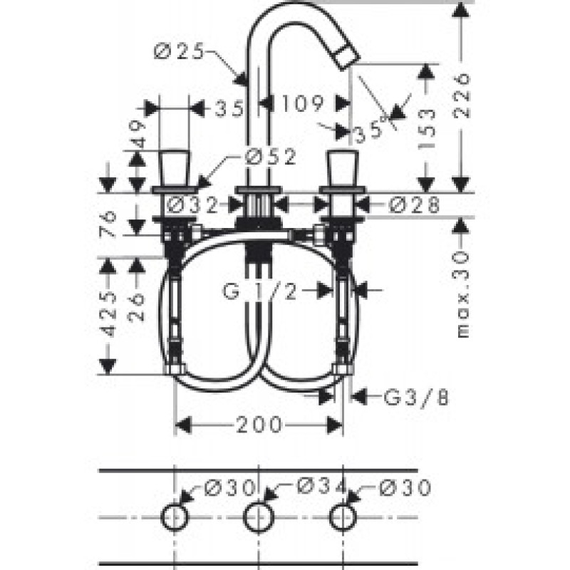 Hansgrohe Logis Змішувач для раковини на три отвори, двухвентильний, (71133000)