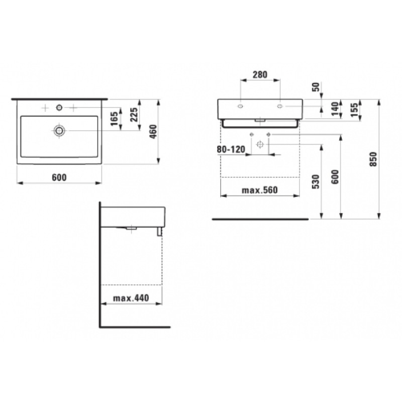 Laufen LIVING CITY раковина 600х460, монтується зверху, один отвір для змішувача, з переливом, (H8174330001041)