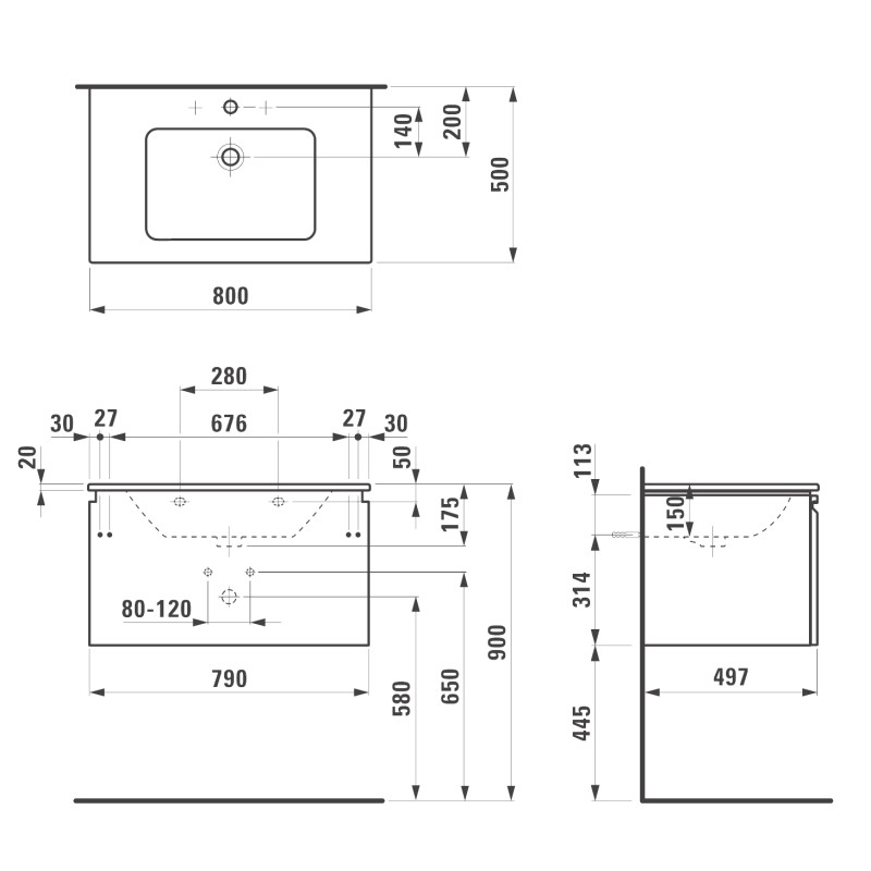 Laufen PRO S тумба з раковиною 800 * 500мм, 1 отвір для змішувача посередині, з компактним сифоном, колір венге, (H8609644231041)