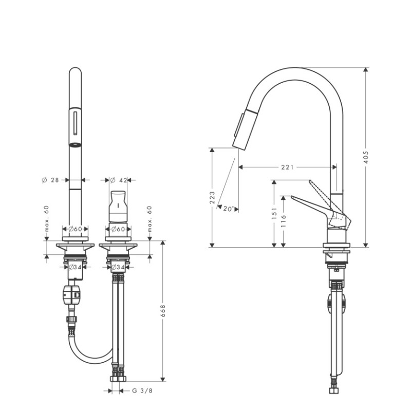 Axor Citterio M Смеситель для кухни, однорычажный, с выдвижным изливом, на два отверстия, (34822000)