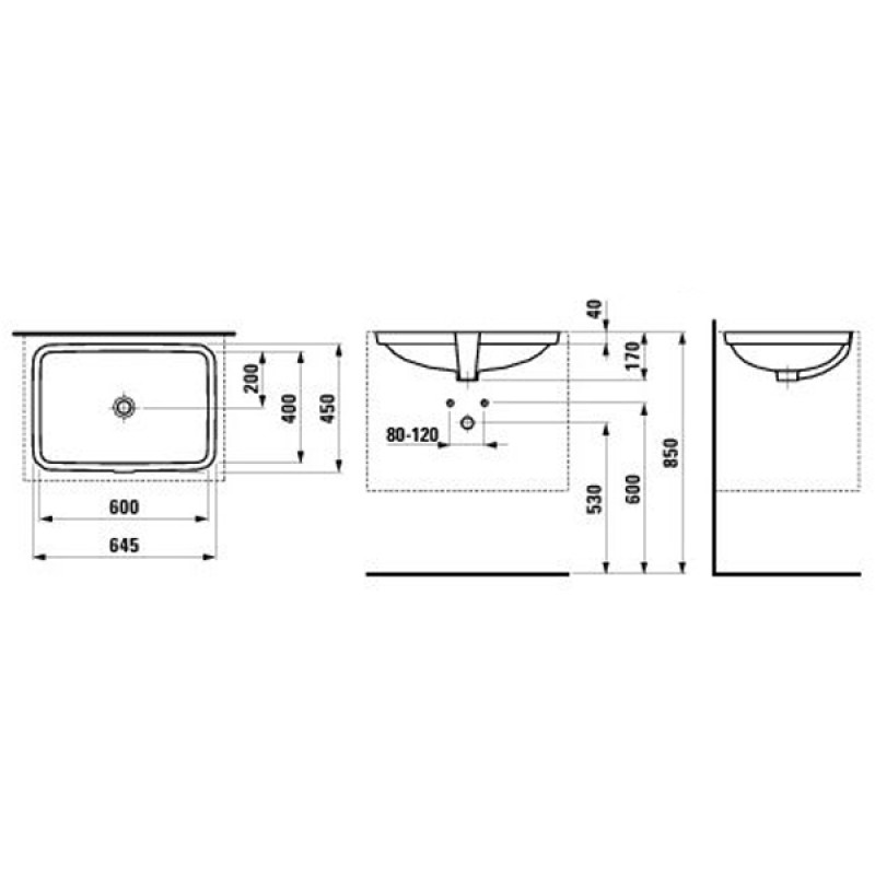 Laufen PRO раковина 600*400мм, вбудовується знизу,без отв.для зміш,з отв.переливу, (H8119650001091)