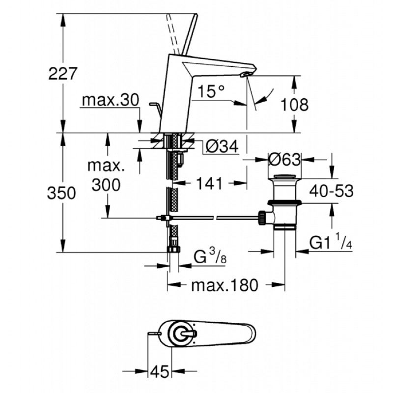 Grohe Eurodisc Joy Смеситель для раковины, однорычажный, со сливным гарнитуром, M-Size, (23427000)