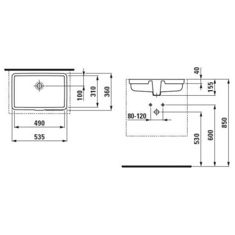 Laufen LIVING CITY раковина (535*360мм) вбудовується знизу, без отвору під змішувач, (H8124300001091)
