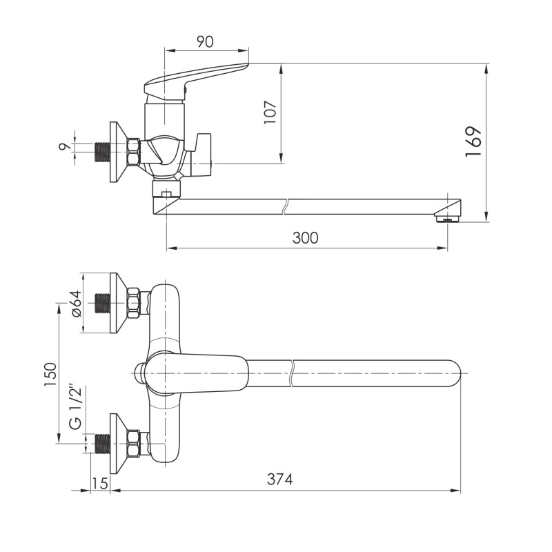 IMPRESE Смеситель для ванны Praha New, L-излив 300 мм, хром, 35 мм (35030 new)