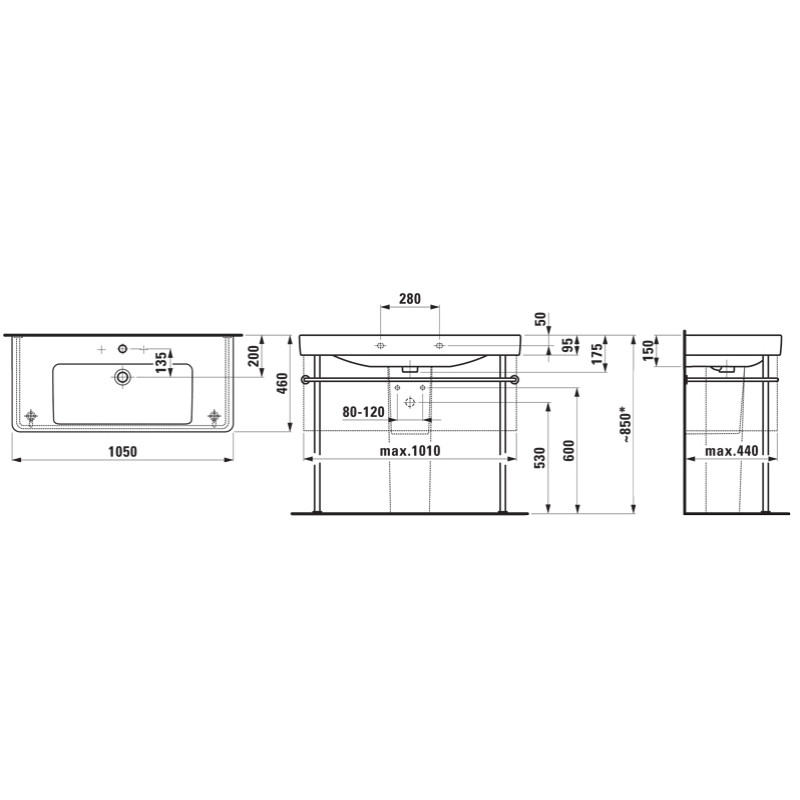 Laufen PRO S умивальник 105*46 см, без отвору для смесителя, (H8139660001091)