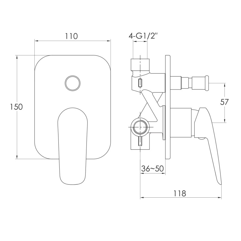 IMPRESE Смеситель скрытого монтажа Praha New, (2 функции), прямоугольная накладка, хром (VR-10030(Z))