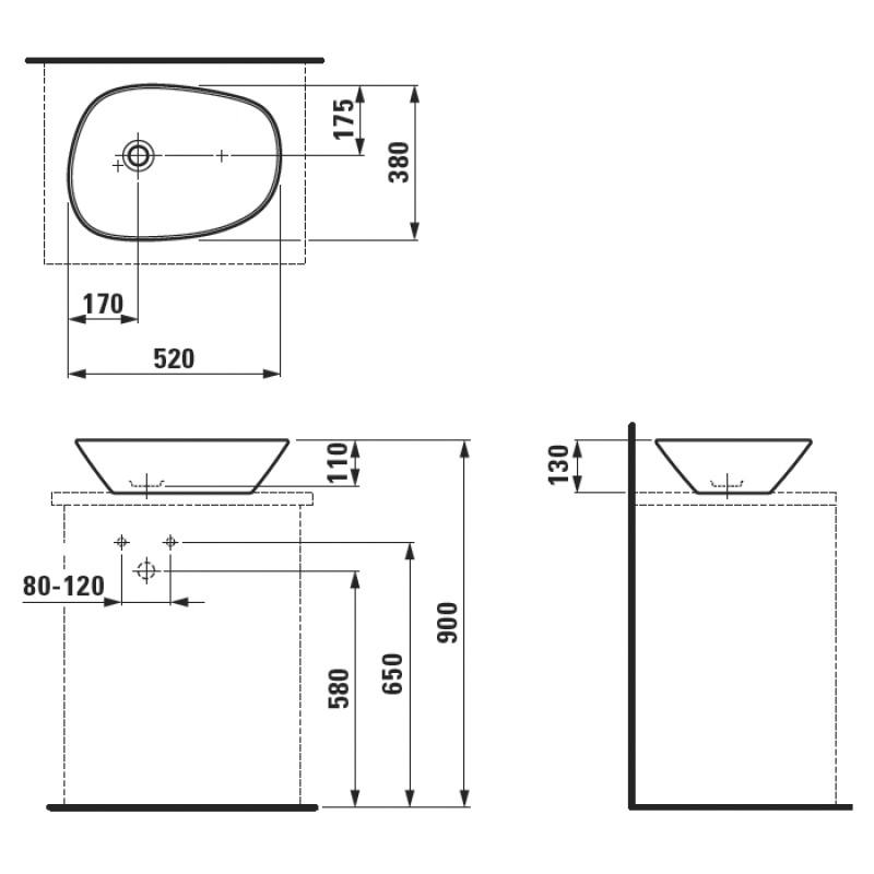 Laufen PALOMBA раковина чаша 52*38см без отв для змiшувача, без переливу, (H8168020001121)