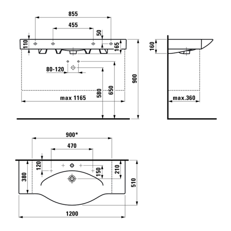Laufen PALACE- умивальник 120*51см , за отвором пiд змiшувач, (H8117040001041)
