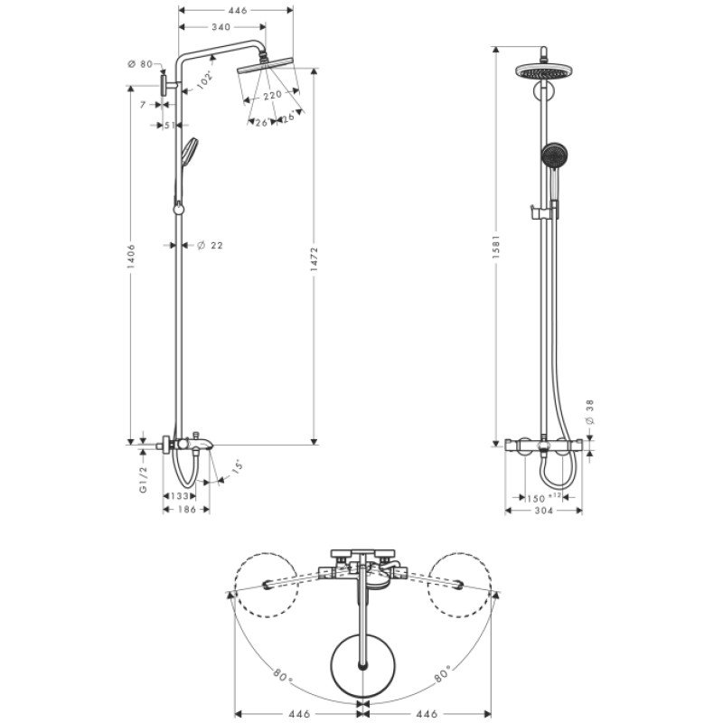 Hansgrohe Croma Душова система з поворотною трубою і з термостатом, (27223000)