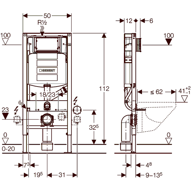 Geberit Duofix Монтажный элемент для подв. унитаза,с соединением для удаления запахов, для смывных клавиш Sigma, (111.370.00.5)
