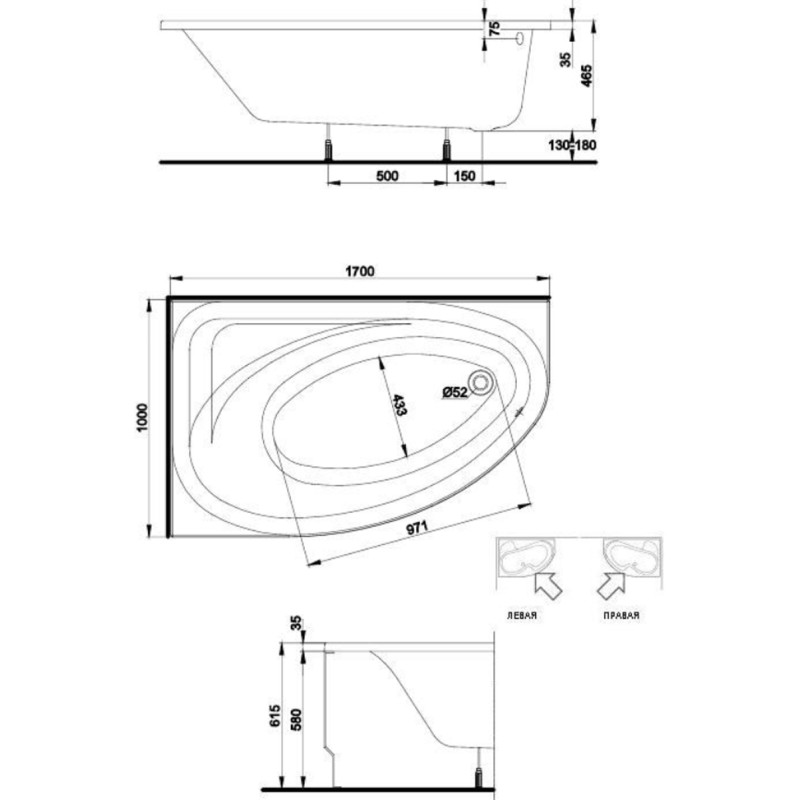 KOLO SPRING ванна акрилова права 170 * 100 біла з ніжками, Украина (XWA3070000)