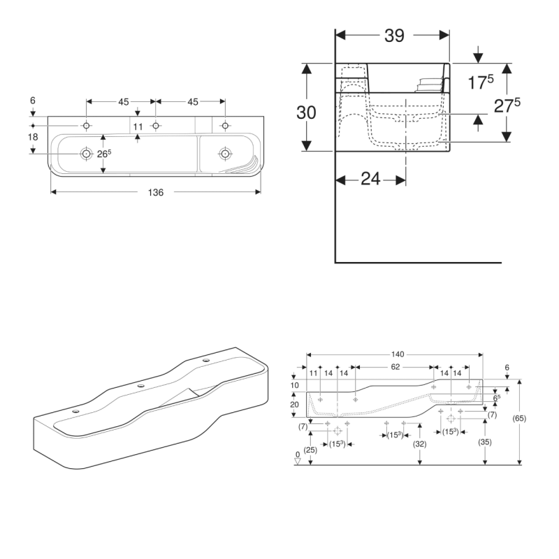 Geberit BAMBINI детский умывальник с тремя умывальными зонами, низший умывальник слева, 140см, отверстие для крана в центре, слева и справа, альпийский белый, (502.975.00.1)